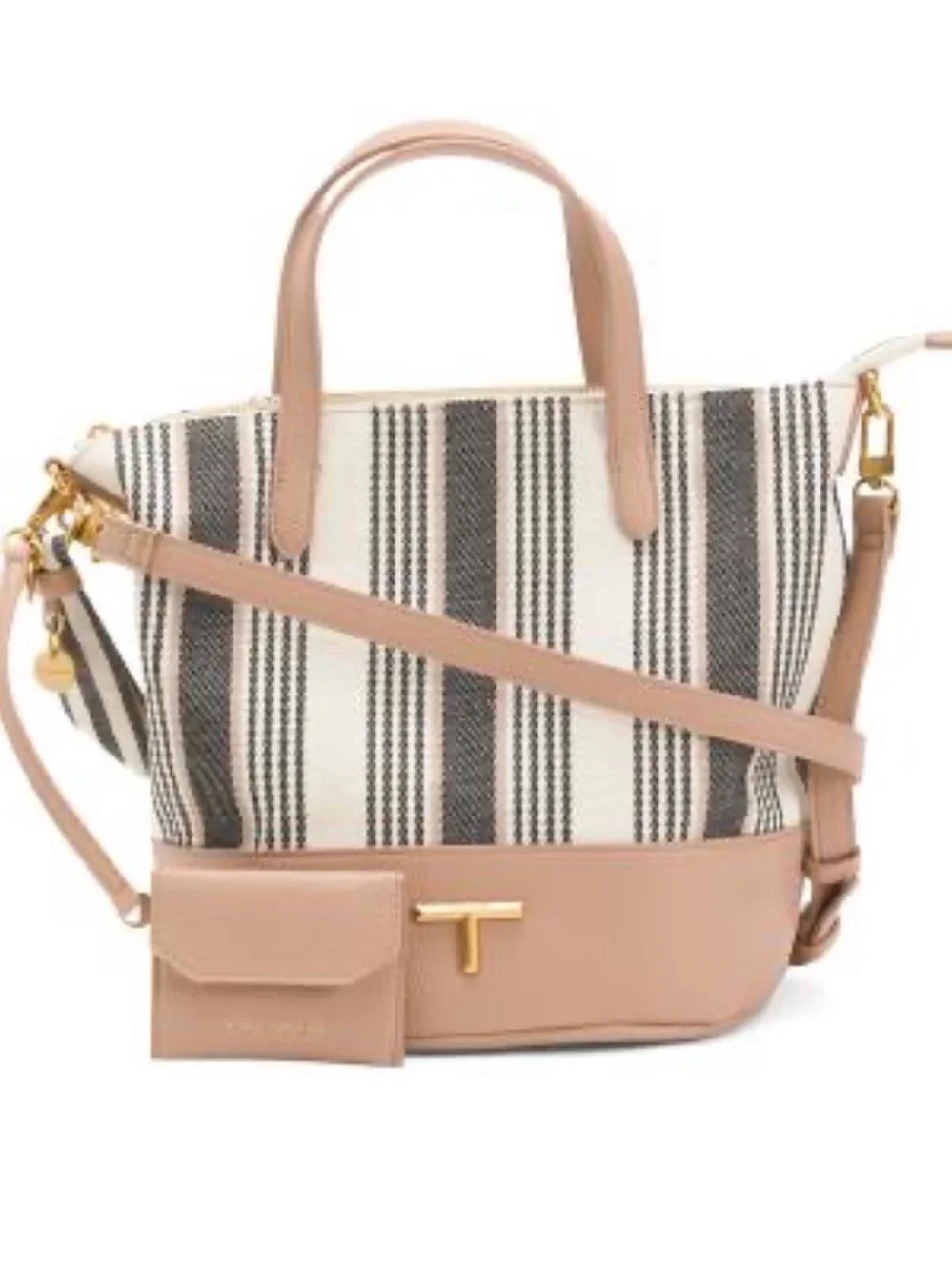 Tahari Black & Cream Striped Bucket Satchel with Tan Trim With Crossbody Strap